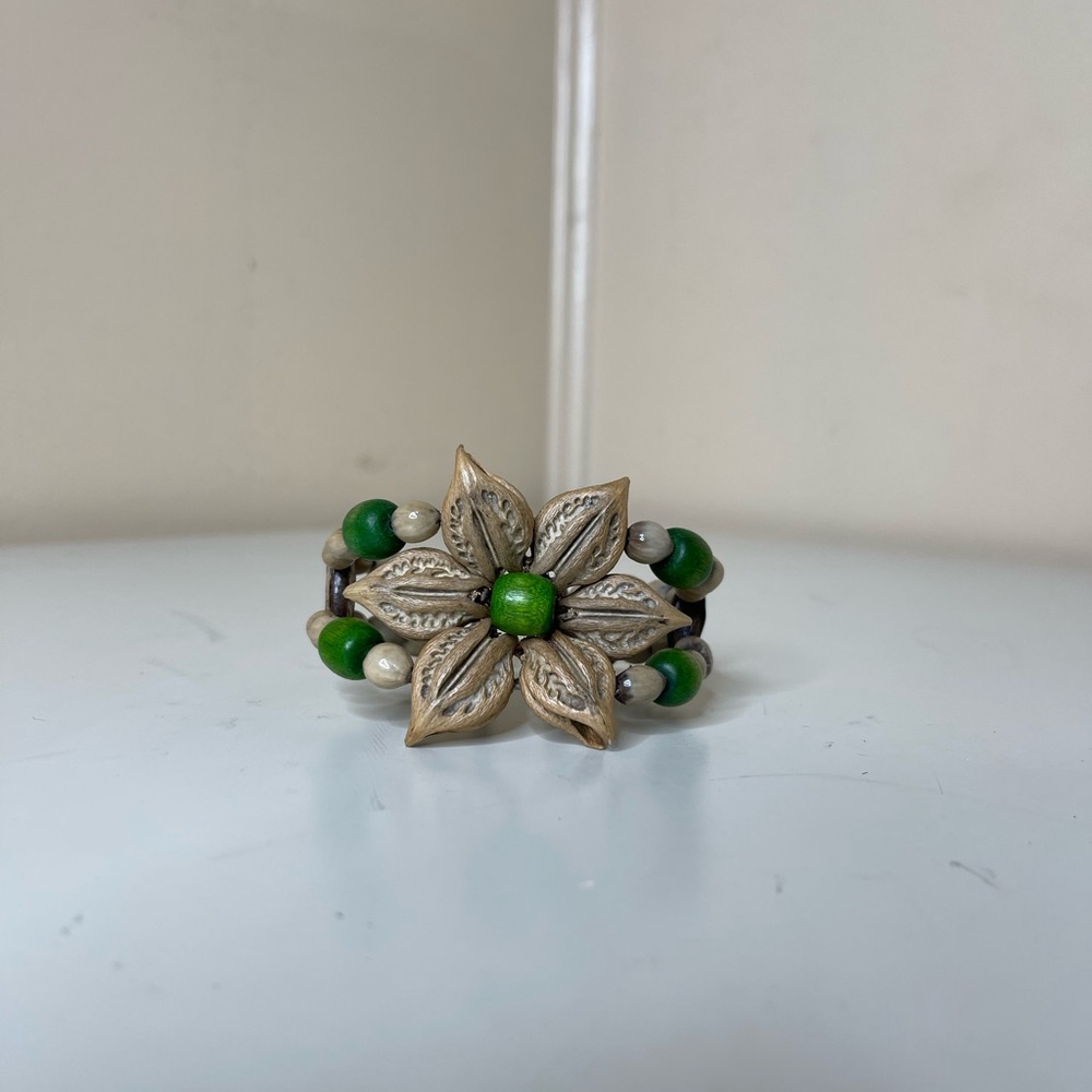 Vintage Handmade Seed Cuff Bracelet in Green and Cream